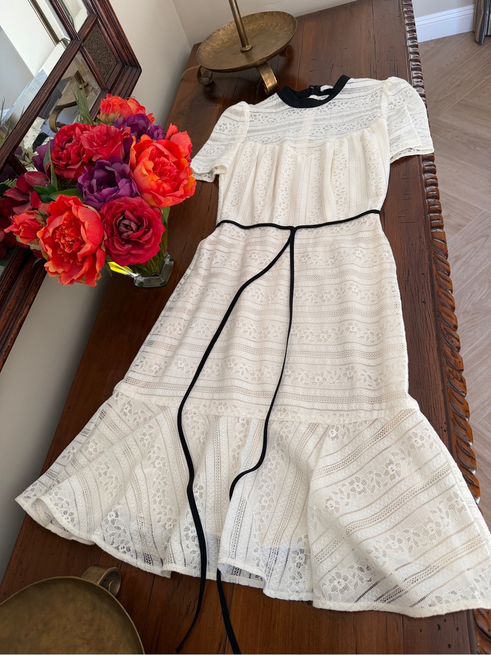 Versatile Ivory Lace Midi Dress with Black Trim ERDEM